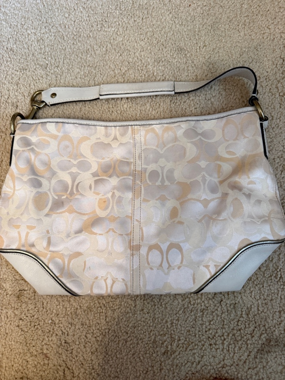 Coach Ivory Signature Jacquard Shoulder Bag with White Leather Trim
